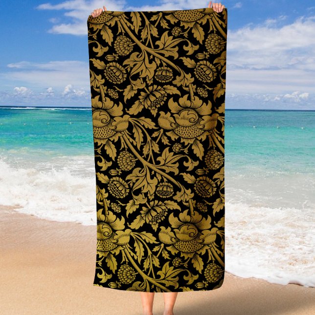 Elegant Black and Gold Floral Pattern Beach Towel (Elegant Black and Gold Floral and Leaf Pattern Beach Towel)