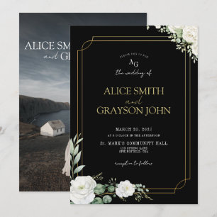 Elegant Black and Gold Floral Photo Wedding Invitation