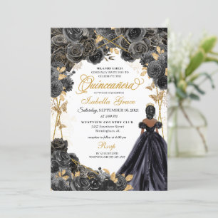 Elegant Black and Gold Floral Quinceanera Invitati Invitation