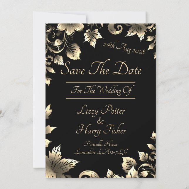 Elegant Black and Gold Floral Range Save The Date (Front)