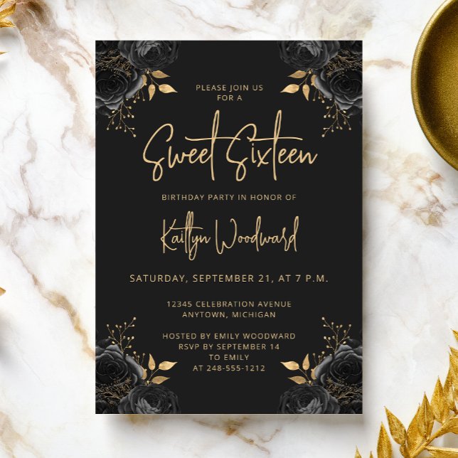 Elegant Black and Gold Floral Sweet 16 Party Invitation (Creator Uploaded)