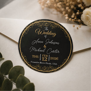 Elegant Black and Gold Floral Wedding  Classic Round Sticker