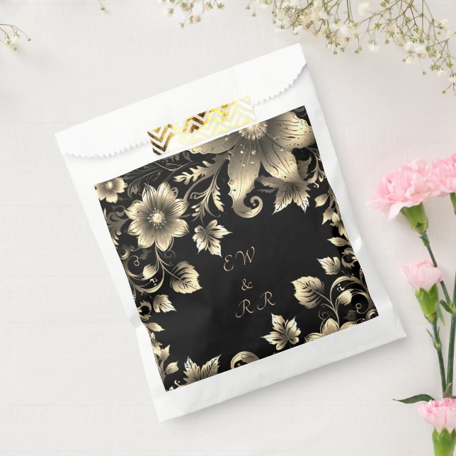Elegant Black and Gold Floral Wedding  Favour Bag (Sealed)