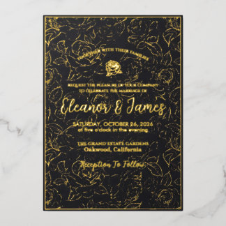 Elegant Black and Gold Floral Wedding Invitation