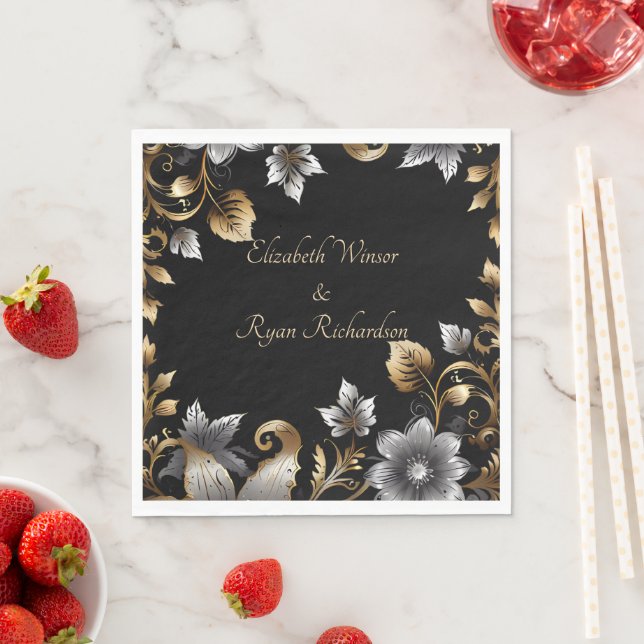 Elegant Black and Gold Floral Wedding Invitation  Napkin (Insitu)