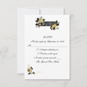Elegant Black and Gold Floral Wedding RSVP Card