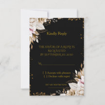Elegant Black and Gold Floral Wedding RSVP Card