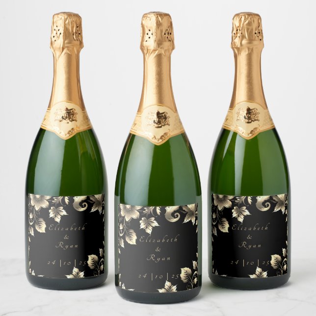 Elegant Black and Gold Floral Wedding  Sparkling Wine Label (Bottles)