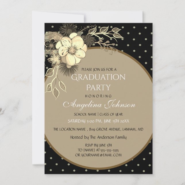 Elegant Black and Gold Flowers Graduation Party Invitation (Front)