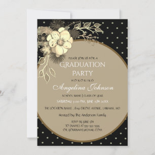 Elegant Black and Gold Flowers Graduation Party Invitation
