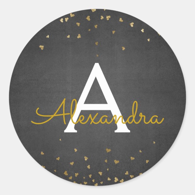 Elegant Black and Gold Foil Confetti Monogram Classic Round Sticker (Front)