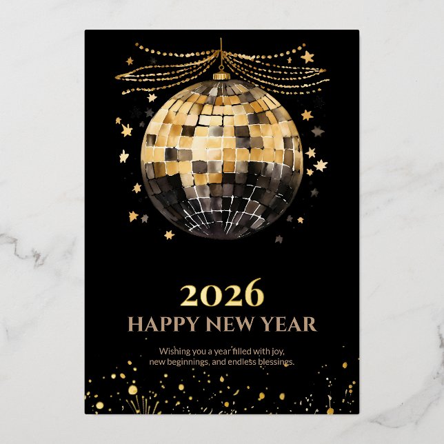 Elegant Black and Gold Foil New Year Greeting Card (Front)