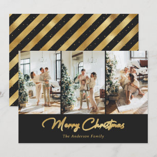 Elegant Black and Gold Foil Photo Merry Christmas Holiday Card