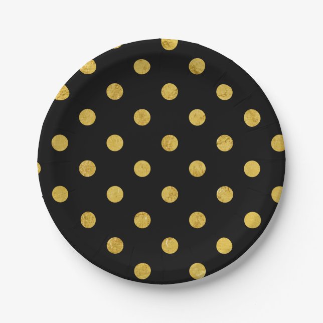 Elegant Black And Gold Foil Polka Dot Pattern Paper Plate (Front)