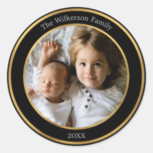 Elegant Black and Gold Frame Custom Photo Classic Round Sticker