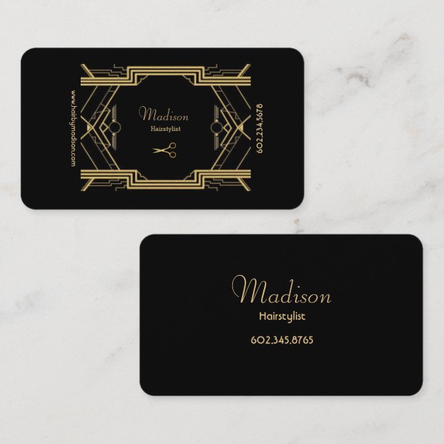 Elegant Black and Gold Gatsby Hair Stylist  Business Card (Front/Back)
