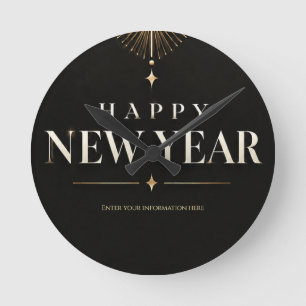 Elegant Black and Gold Geometric Happy New Year Round Clock