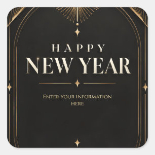 Elegant Black and Gold Geometric Happy New Year Square Sticker