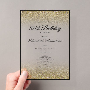 Elegant Black and Gold Glitter 101st Birthday Acrylic Invitations