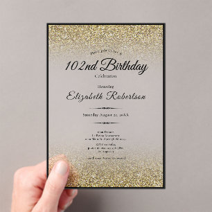 Elegant Black and Gold Glitter 102nd Birthday  Acrylic Invitations