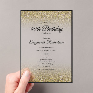 Elegant Black and Gold Glitter 40th Birthday Acrylic Invitations