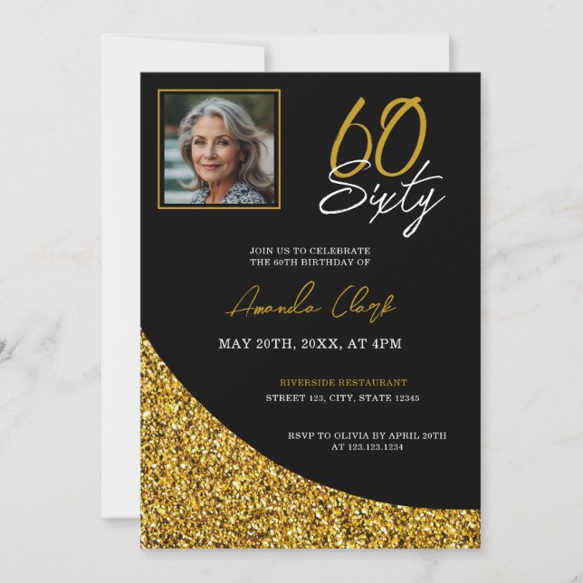 Elegant Black and Gold Glitter 60th Birthday Invitation (Front)