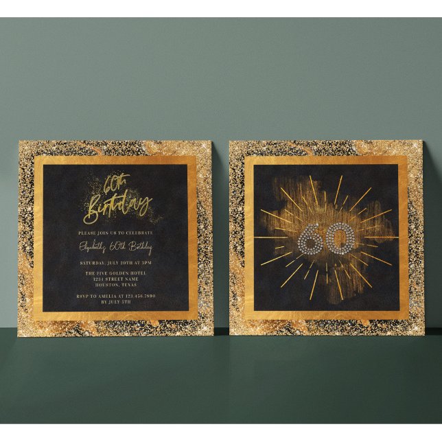 Elegant Black and Gold Glitter 60th Birthday Party Invitation (Creator Uploaded)