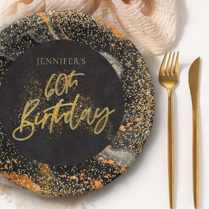 Elegant Black and Gold Glitter 60th Birthday Party Paper Plate