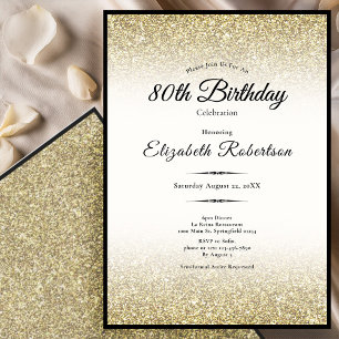 Elegant Black and Gold Glitter 80th Birthday  Invitation