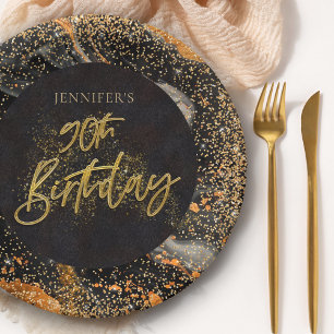Elegant Black and Gold Glitter 90th Birthday Party Paper Plate