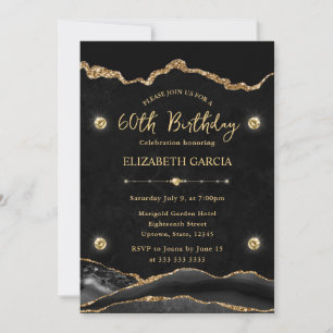 Elegant Black and Gold Glitter Agate 60th Birthday Invitation