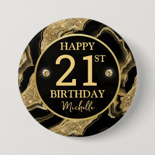 Elegant Black and Gold Glitter Agate Birthday 3 Inch Round Button