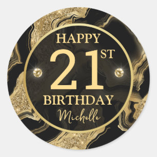 Elegant Black and Gold Glitter Agate Birthday Classic Round Sticker