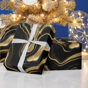 Elegant Black and Gold Glitter Agate Birthday Wrapping Paper