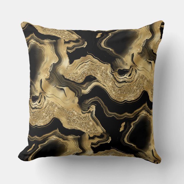 Elegant Black and Gold Glitter Agate Pattern Throw Pillow (Front)