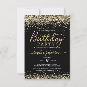 Elegant Black and Gold Glitter Any Age Birthday Invitation