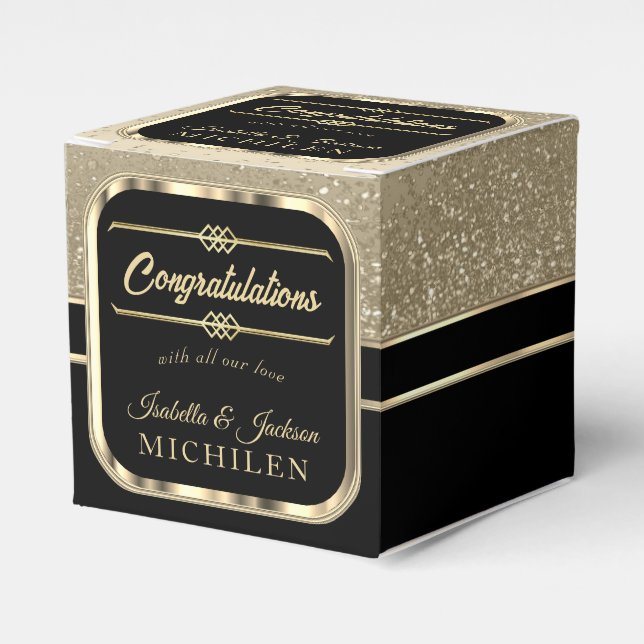 Elegant Black and Gold Glitter Favor Box (Front Side)
