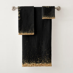 Elegant Black and Gold Glitter Girly Bath Towel Set