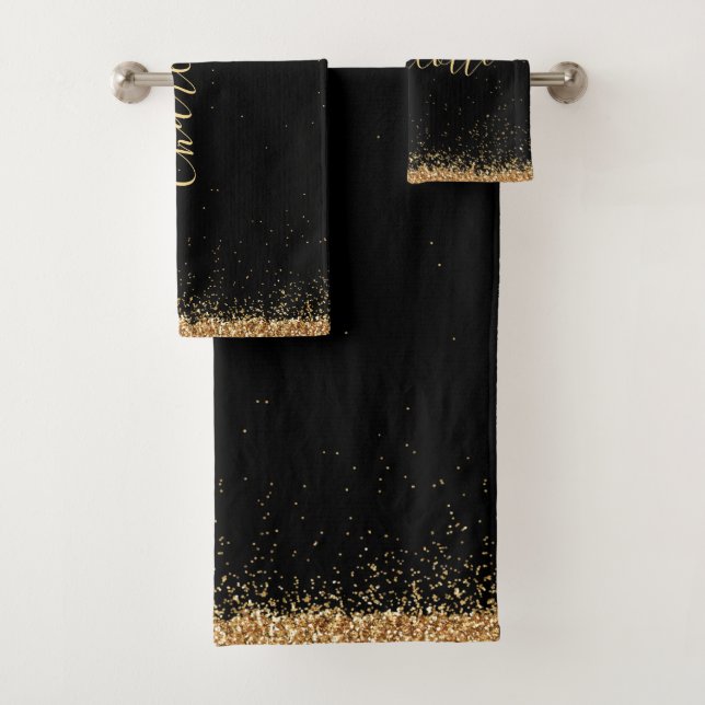 Elegant Black and Gold Glitter Girly Bath Towel Set (Insitu)
