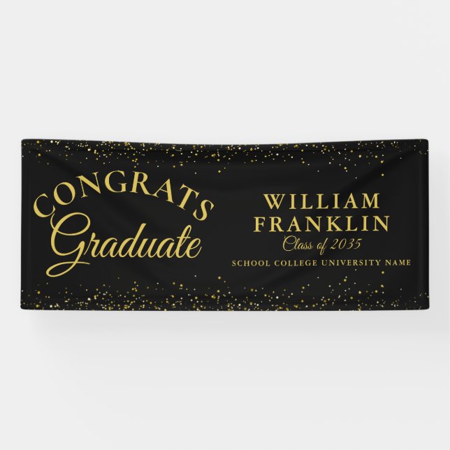 Elegant Black And Gold Glitter Graduation Banner (Horizontal)