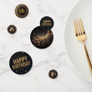 Elegant Black and Gold Glitter Happy Birthday Confetti