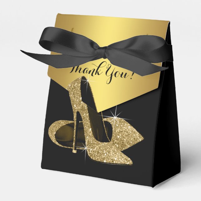 Elegant Black and Gold Glitter High Heel Shoe Favor Box (Front Side)