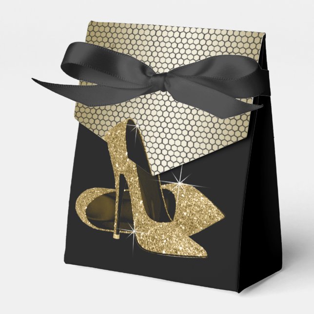 Elegant Black and Gold Glitter High Heel Shoe Favor Box (Front Side)