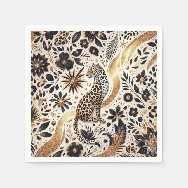 Elegant black and gold glitter Leopard  Napkin (Front)