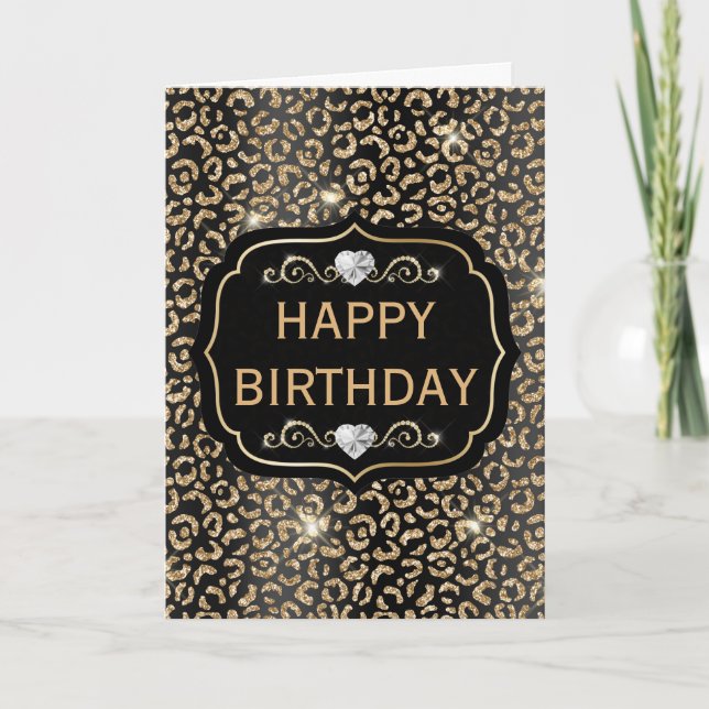 Elegant Black and Gold Glitter Leopard Spots Card (Front)