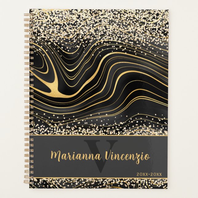 Elegant Black and Gold Glitter Marble Art Planner (Front)