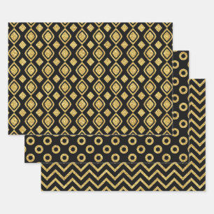 Elegant Black and Gold Glitter Patterns Wrapping Paper Sheet