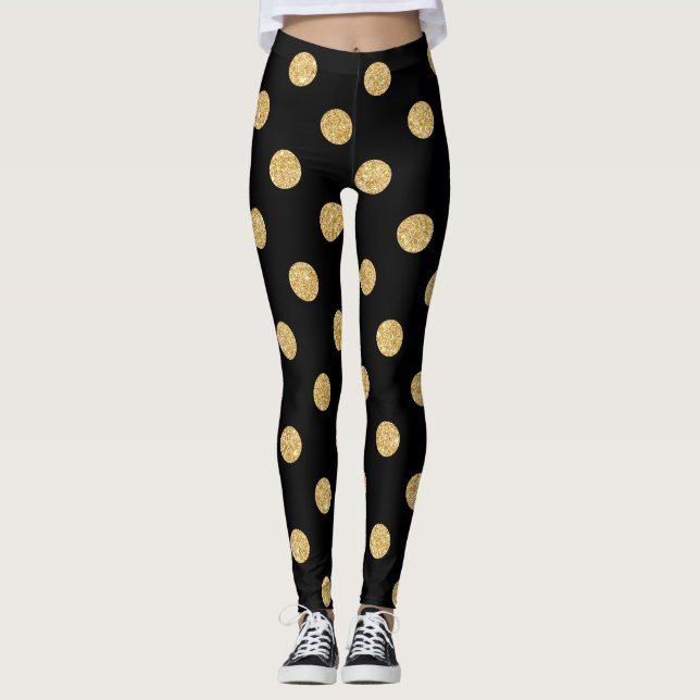 Elegant Black And Gold Glitter Polka Dots Pattern Leggings (Front)