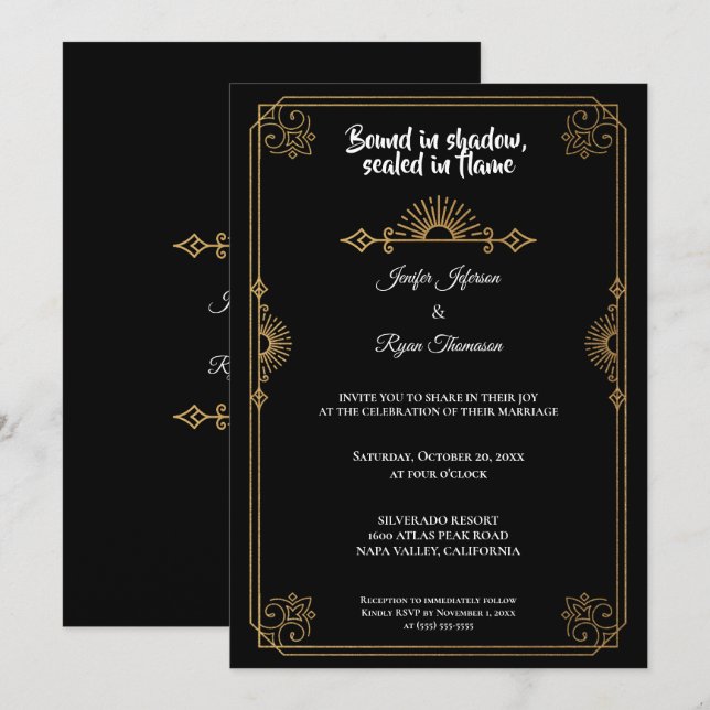 Elegant black and gold Gothic wedding Invitation (Front/Back)