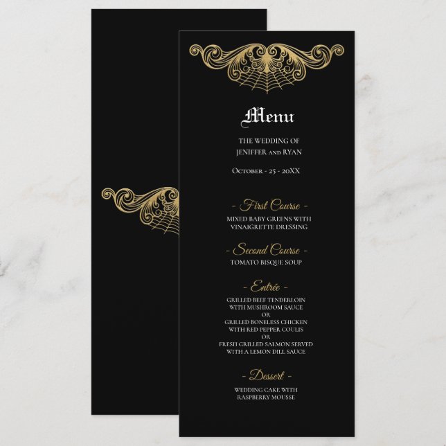 Elegant black and gold Gothic Wedding Menu (Devant / Derrière)